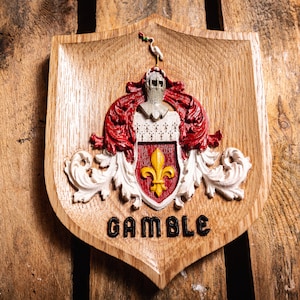 Custom Carved Oak Family Crest Plaque | Handmade Coat of Arms