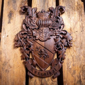 Custom Carved Family Crest – Hand finished Wood Coat of Arms