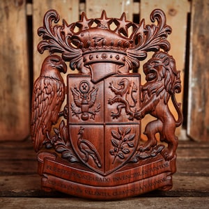 100% Custom Crafted Family Crest Coat of Arms Plaque, Heirloom Wood Carving