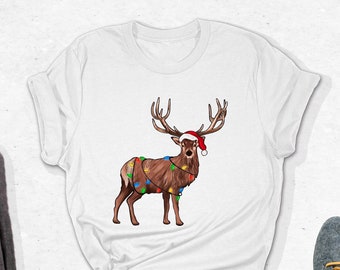 Deer With Christmas Lights Shirt, Christmas Deer Shirt, Reindeer Shirt, Xmas Gift, Nature Moose Shirt, Deer Lover Gifts, Merry Christmas Tee