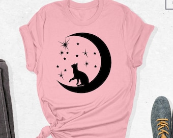 Camiseta de gato sentado en la luna, camiseta de mamá de gatos, camiseta para amantes de los gatos, camiseta de gato, regalo para amantes de los gatos, camiseta de gatito adorable, camiseta para amantes de los animales