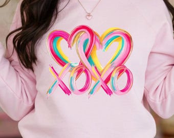 Xoxo Pastel Hearts Sweatshirt, Valentine Heart Xoxo Sweater, Brushstroke Xoxo Sweatshirt, Colorful Xoxo Love Sweater, Valentine Xoxo Gift