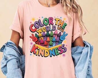 Colorful Back To School T-Shirt, Color The World With Kindness T-Shirt, Rainbow Crayon Peace Tee, Cute Teacher Shirt, Positive Classroom Top