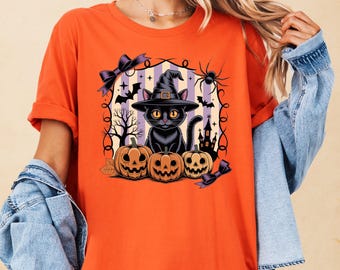 Halloween Black Cat T-Shirt, Spooky Witch Cat Shirt, Cute Pumpkin Cat October T-Shirt, Halloween Bat Fall Tee, Haunted House Autumn T-Shirt