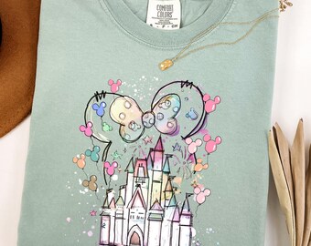 Comfort Colors® Disney Princess Castle Shirt, Magical Kingdom Princess and Baloons Shirt, Watercolor Disney Castle Shirt, Rainbow Bow Shirt