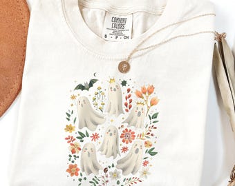 Comfort Colors® Cute Ghosts Halloween Shirt, Floral Ghost Halloween Shirt, Spooky Autumn Shirt, Fall Flower and Bat Shirt, Adorable Gift Top