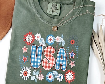 Camiseta Comfort Colors® USA Flower, Camiseta USA del 4 de julio, Camiseta patriótica de EE. UU., Camiseta del Día de la Libertad, Top floral del Día de la Independencia, Camiseta americana