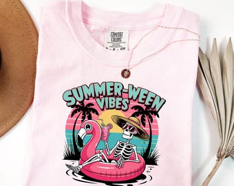 Comfort Colors® Summerween Vibes T-Shirt, Summerween Skeleton Tee, Spooky Summer Shirt, Funny Halloween In Summer Shirt, Creepy Pool Shirt
