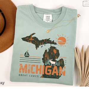 T-shirt Comfort Colors® carte de l'état du Michigan, chemise Michigan Pride Adventure, chemise de voyage Michigan, chemise Lake Life, chemise voyage d'été en famille
