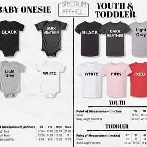 May include: A size chart for baby onesies and youth t-shirts. The chart shows the different sizes available for each garment, along with the corresponding measurements in inches. The chart is divided into two sections: "Baby Onesie" and "Youth & Toddler". The onesies are available in sizes 3/6, 6/12, 12/18, and 18/24. The t-shirts are available in sizes YS, YM, YL, 2T, 3T, 4T, and 5T. The chart includes measurements for body length back, body length front, chest width (laid flat), chest, and body length from HPS.