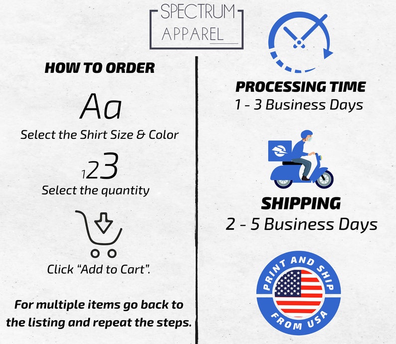 Puede incluir: C&oacute;mo pedir una camiseta de Spectrum Apparel. Selecciona la talla y el color de la camiseta, la cantidad y haz clic en "A&ntilde;adir al carrito". El tiempo de procesamiento es de 1 a 3 d&iacute;as h&aacute;biles y el env&iacute;o es de 2 a 5 d&iacute;as h&aacute;biles. Impreso y enviado desde los Estados Unidos.