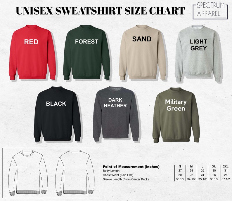 Puede incluir: Tabla de tallas de sudadera unisex con medidas en pulgadas. La tabla muestra diferentes opciones de color para la sudadera, incluyendo rojo, verde bosque, arena, gris claro, negro, gris oscuro jaspeado y verde militar.