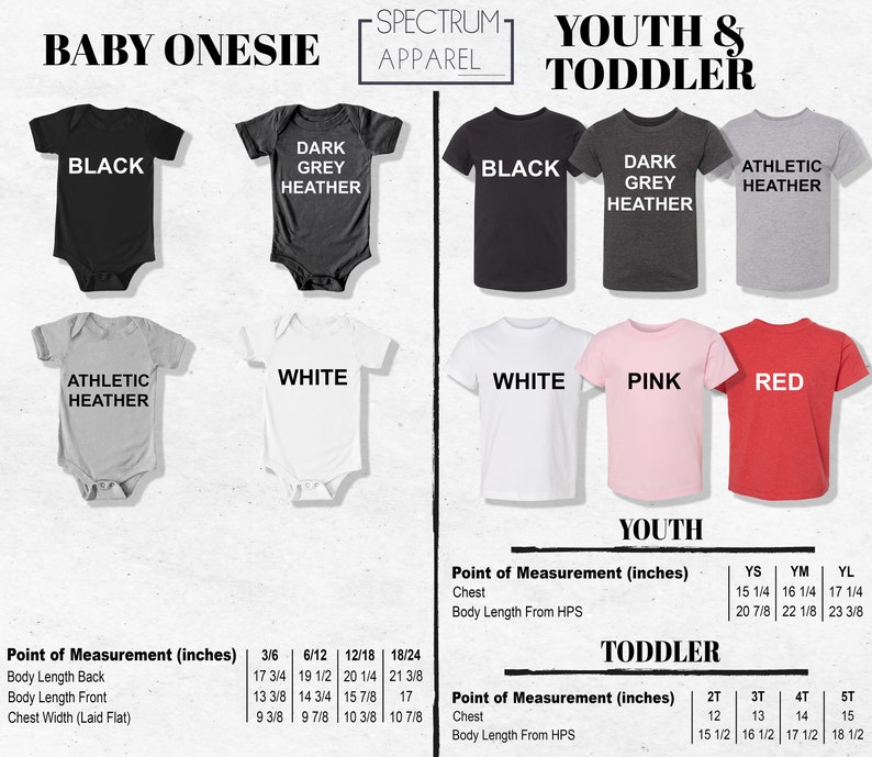 K&ouml;nnte beinhalten: Gr&ouml;&szlig;entabelle f&uuml;r Baby-Bodys und T-Shirts f&uuml;r Kinder und Jugendliche. Die Tabelle zeigt die verschiedenen Gr&ouml;&szlig;en, die f&uuml;r jeden Kleidungsst&uuml;cktyp verf&uuml;gbar sind, sowie die entsprechenden Ma&szlig;e in Zoll f&uuml;r Brustweite, R&uuml;ckenl&auml;nge, Vorderl&auml;nge und K&ouml;rperl&auml;nge von der H&uuml;fte.