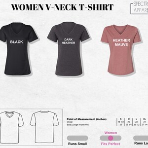 May include: A V-neck t-shirt in three colors: black, dark heather, and heather mauve. The t-shirt has a relaxed fit and is available in sizes S-2XL. The size chart shows the chest and body length measurements in inches.