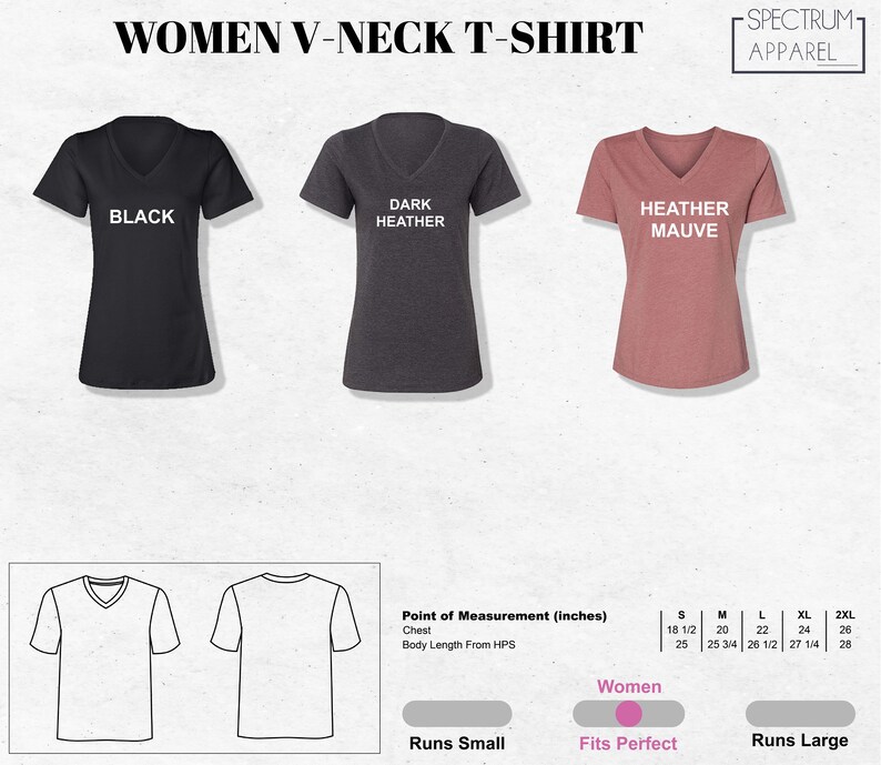 May include: A V-neck t-shirt in three colors: black, dark heather, and heather mauve. The t-shirt has a relaxed fit and is available in sizes S-2XL. The size chart shows the chest and body length measurements in inches.