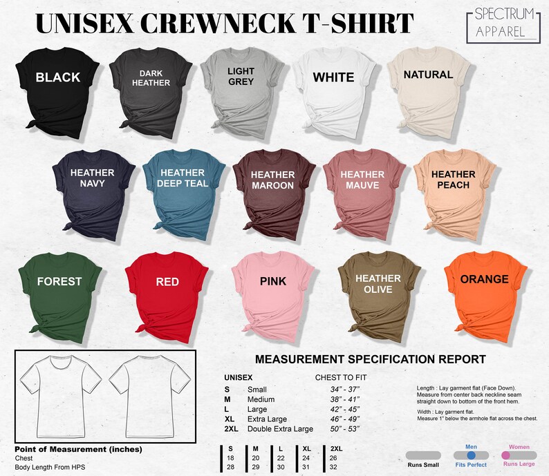 May include: Unisex crewneck t-shirt in various colors, including black, dark heather, light grey, white, natural, heather navy, heather deep teal, heather maroon, heather mauve, heather peach, forest, red, pink, heather olive, and orange. The t-shirt is available in sizes S, M, L, XL, and 2XL. The image also includes a size chart with chest measurements in inches.