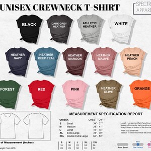 K&ouml;nnte beinhalten: Unisex-Rundhals-T-Shirt in verschiedenen Farben, darunter Schwarz, Dunkelgrau meliert, Athletik meliert, Wei&szlig;, Marineblau meliert, Dunkelblau meliert, Rotbraun meliert, Lila meliert, Pfirsich meliert, Wald, Rot, Rosa, Oliv meliert und Orange. Das T-Shirt ist in den Gr&ouml;&szlig;en S, M, L, XL und 2XL erh&auml;ltlich. Eine Gr&ouml;&szlig;entabelle mit Brustma&szlig;en in Zoll ist enthalten.
