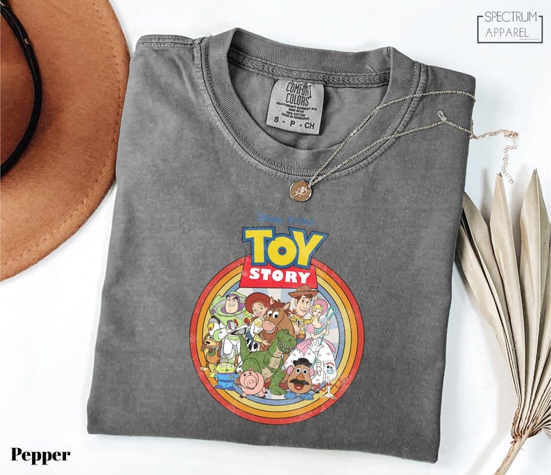 a gray t-shirt with a colorful graphic of characters from the Toy Story movie, including Woody, Buzz Lightyear, and other beloved characters. The t-shirt is laid out on a white surface, with a brown hat and some leaves visible in the background.