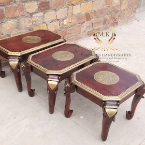 Wooden Coffee Table Elephant Legs Style Coffee Table Folding legs Handmade Walnut Finish Home Decor Brass fitted Indian Living Room Decor