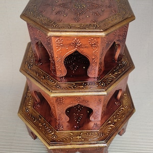 Wooden Chowki Wooden Bajot Pooja Chowki Copper Gold Embossed painted Home Decor Chowki Handcrafted Painted Chowki Beautiful Handicraft Art