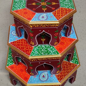 Wooden Bajot Chowki, Pooja Chowki, Handcrafted Chowki, Hand Painted Chowki, Pooja Room, Set of Three Bajot Chowki, Embossed Work Chowkis