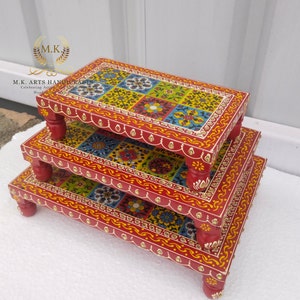Wooden Chowki Handmade Tile Fitted Set of 3 Bajot Chowki Hand Painted Beautiful Embossed Work Fine Work Pooja Room Home Decor Handicraft Art