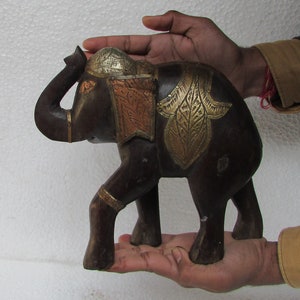 Wooden Elephant Staue, Handmade Brass Copper Fitted Elephant Statue Home Decor Collectible Art Home Decor, Table Decor, Handicraft Art