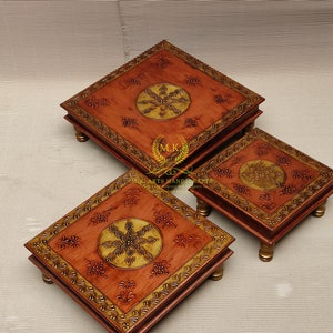 Wooden Chowki Wooden Bajot Pooja Chowki Copper Gold Embossed painted Home Decor Chowki Handcrafted Painted Chowki Beautiful Handicraft Art