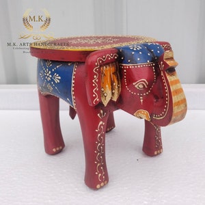 Wooden Elephant Stool Handcrafted Hand Painted Elephant Stool Home Decor Table Decor Handicraft Indian Elephant Shaped Stool Home Decor Art