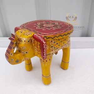 Wooden Elephant Stool Handcrafted Hand Painted Elephant Stool Home Decor Table Decor Handicraft Indian Elephant Shaped Stool Home Decor Art