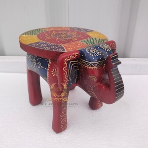 Wooden Elephant Stool Handcrafted Hand Painted Elephant Stool Home Decor Table Decor Handicraft Indian Elephant Shaped Stool Home Decor Art