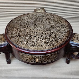 Wood Chowki Wooden Low Table Pooja Chowki Handcrafted 3 Elephant Round Bajot Choki Brass Work Chowki Home Art Decor
