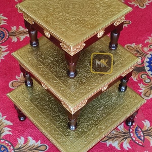 Wooden Chowki Wooden Bajot Pooja Chowki Brass Fitted Deisgn Home Decor Chowki Handcrafted Painted Chowki Beautiful Handicraft Art Decor