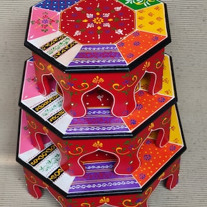 Wooden Bajot Chowki, Pooja Chowki, Handcrafted Chowki, Hand Painted Chowki, Pooja Room, Set of Three Bajot Chowki, Embossed Work Chowkis