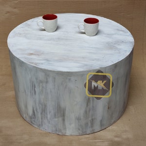 Wooden Coffee Table Handcrafted Solid Wood Round Coffee Table Drum Table Wooden Round Cocktail Table Home Decor Table Indian Handicraft Art