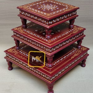Wooden Bajot Chowki, Pooja Chowki, Handcrafted Chowki, Hand Painted Chowki, Pooja Room, Set of Three Bajot Chowki, Embossed Work Chowkis