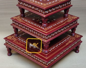 Wooden Bajot Chowki, Pooja Chowki, Handcrafted Chowki, Hand Painted Chowki, Pooja Room, Set of Three Bajot Chowki, Embossed Work Chowkis