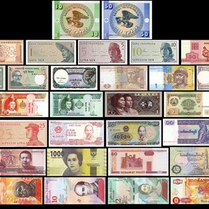 May include: A collection of various international paper banknotes arranged in a pyramid formation. The rectangular bills feature diverse colors, portraits, landscapes, and numerical denominations from multiple countries, displayed against a black background.