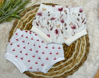 Pantalon à couches Bummie mousseline taille 80, coquelicots/cerises (bloomers d'été, shorts), prêt pour une expédition immédiate
