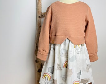 Girly Sweater Kleidchen/Tunika Regenbogen und Waffeljersey pfirsich Größe 80-128 Taufe Feier