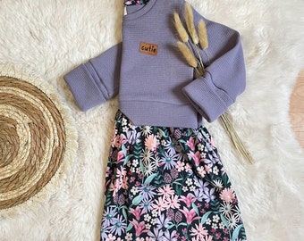 Girly Sweater lila Blumen, Mädchenkleid Cutie Gr.74-140, Langarmkleid Winter, Waffeljersey lavendel