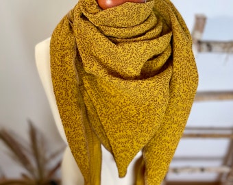 Mouchoir en mousseline jaune moutarde avec vrilles de feuilles pour femmes / filles, idée cadeau, foulard, étole, foulard