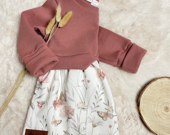 Girly Sweater lehmrosa Blumen Gräser Schmetterlinge Mädchenkleid Tunika Gr.74-140, Kurzarm/Langarm, Waffeljersey