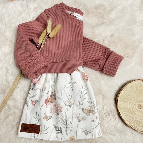 Girly Sweater lehmrosa Blumen Gräser Schmetterlinge Mädchenkleid Tunika Größe 74-140 Waffeljersey