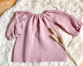 Musselin Tunika, Langarm-Bluse Gr.56-128 uni lehmrosa, beige, petrol, viele Farben, Oberteil Mädchen, Label Statement