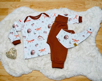 Babyset Langarmshirt Fuchs mit Hose aus Waffeljersey cognac Gr. 50-86 inkl. Lätzchen/Tuch für Jungen und Mädchen, French Terry