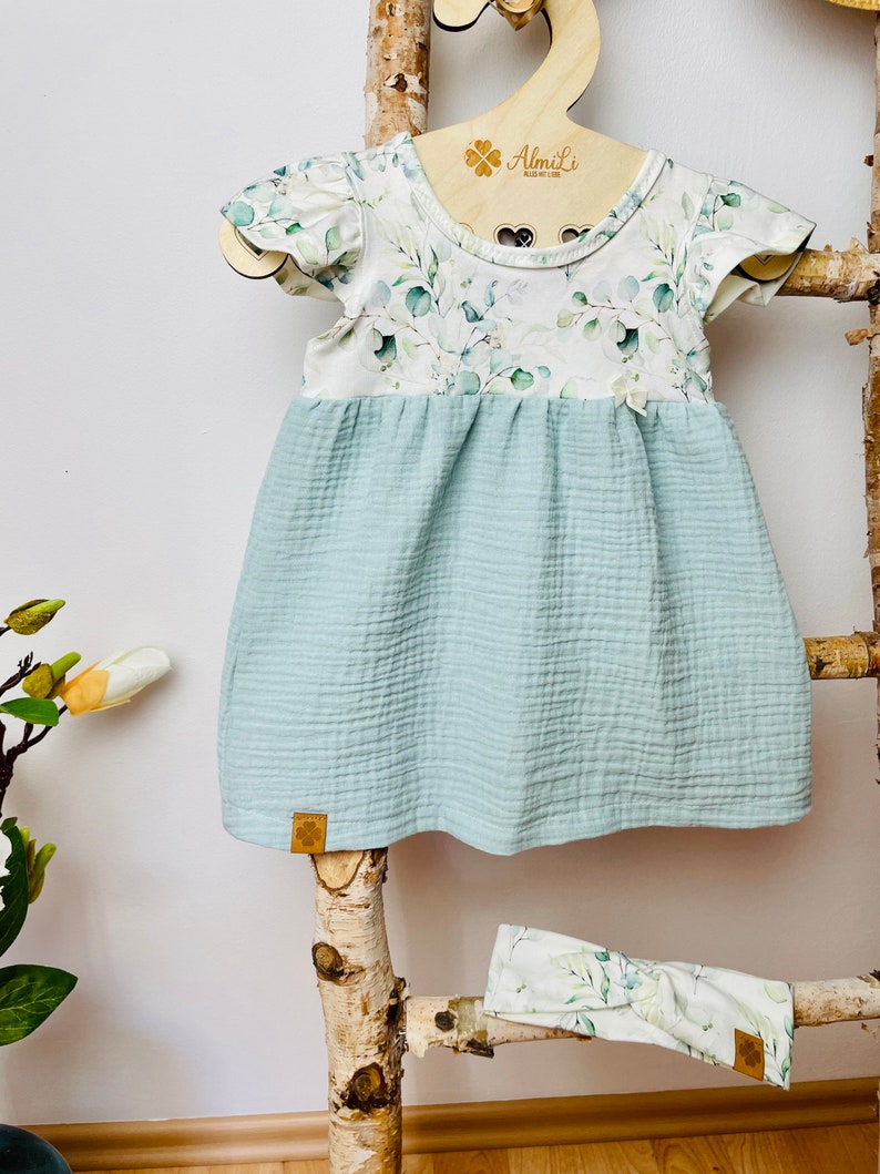 Vestido de punto muslin eucalipto talla 68-128 con mangas de gorra, bummie o leggings, niña de flores, inscripción escolar imagen 5