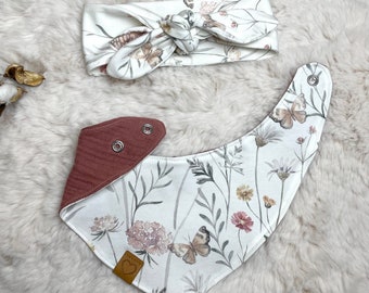 Bandeau noeud bandeau foulard pour fille KU 35-56 cm, jersey prairie de fleurs, papillon, rose argile