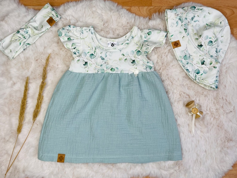 Musselin-Jersey-Kleid Eukalyptus Gr.68-128 mit Flügelärmeln, Bummie oder Leggings, Blumenmädchen, Einschulung Bild 7