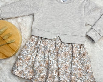 Girly Sweater beige meliert, Tunika oder Kleid, Jersey Blumen braun beige und Waffeljersey, Größe 74-128